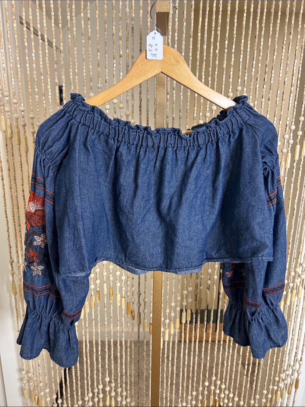 Embroidered Off-Shoulder Denim Blouse - Blue - Picture 7 of 15